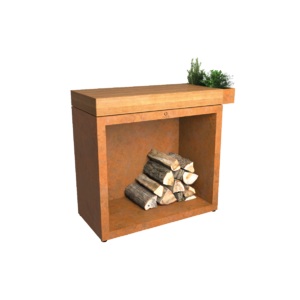 Pracovní stůl OFYR Butcher Block Storage 90 - praktický stůl pro vaření, servírování a ukládání dřeva (základní provedení corten s teakovou deskou)